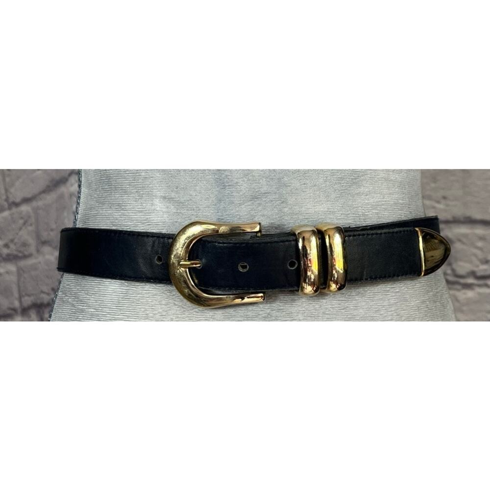 Vintage 90's Classic Navy Blue Leather Belt with Goldtone Buckle and Belt Tip